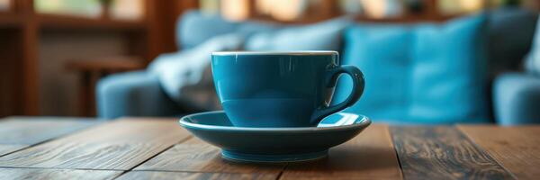 Blue ceramic cup on saucer placed on a wooden table in a cozy living room setting photo