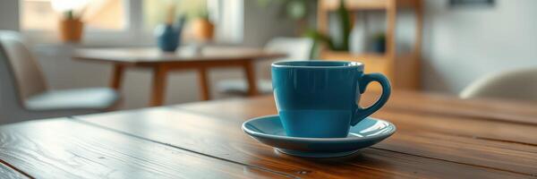 Coffee cup on wooden table in a cozy cafe environment with soft natural light in the background photo