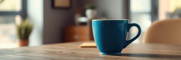 Warm blue mug on wooden table in bright indoor setting surrounded by plants and cozy decor photo