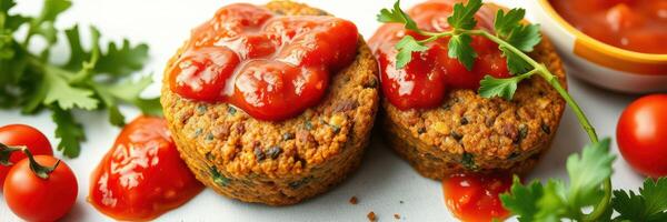Delicious vegetarian lentil patties topped with tangy tomato sauce and garnished with fresh herbs photo