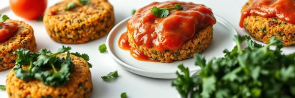 Homemade vegetarian patties topped with tangy salsa and fresh herbs on a white background photo