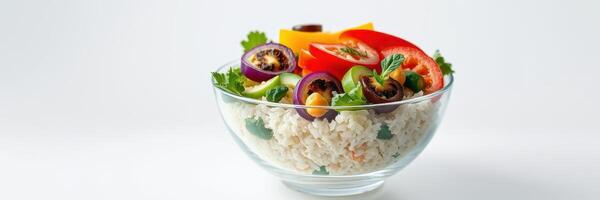 Colorful salad bowl with fresh vegetables and rice on a white background for healthy meal options photo