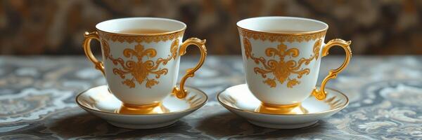 Elegant porcelain cups on a patterned table, showcasing intricate gold detailing and rich coffee inside photo