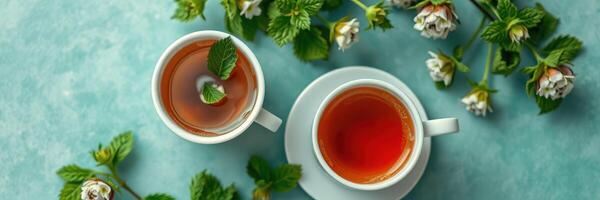 Freshly brewed herbal tea served in white cups with mint leaves and flowers on a teal background photo