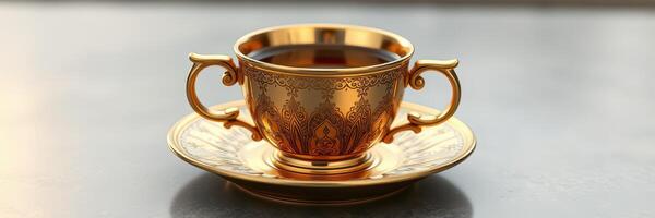 Exquisite golden cup and saucer set displayed on a polished surface with dark beverage inside photo