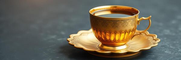 Exquisite golden cup of coffee placed on an ornate saucer on a dark surface photo