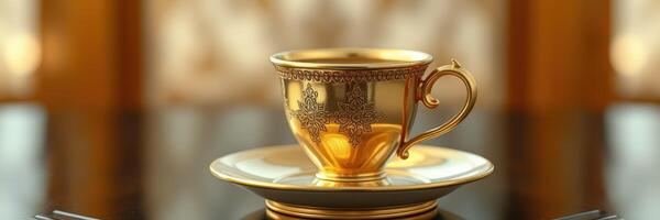 Elegant golden cup and saucer showcased against a warm, inviting backdrop in a luxurious setting photo