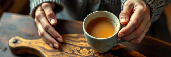 Enjoying a warm cup of coffee while relaxing at a cozy cafe on a chilly afternoon photo