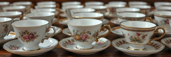 Elegant tea cups arranged on a table showcasing intricate floral designs and gold accents in a vintage setting photo