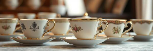 Elegant porcelain tea cups arranged on a decorative table, showcasing intricate designs and gold accents in a cozy setting photo
