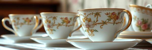 Elegant vintage tea cups arranged on a delicate table setting in a cozy room with soft lighting photo