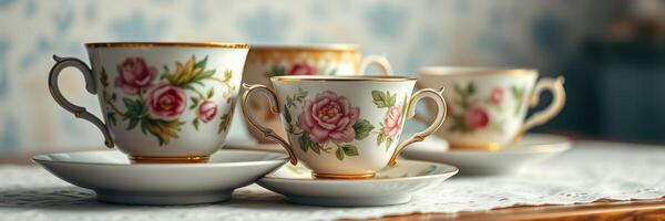 Elegant vintage tea set with floral patterns arranged on a lace tablecloth in a cozy room photo