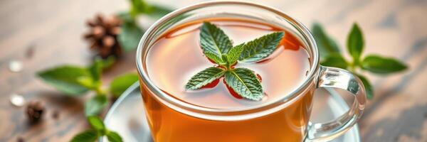 Mint tea served in a clear glass cup with fresh mint leaves on a wooden table photo