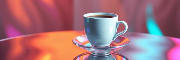 Coffee cup on glass table with colorful reflections in a contemporary setting during daylight photo