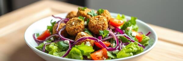 Healthy mixed salad with falafel served in a bowl on wooden table photo