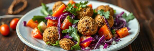 Healthy salad with falafel balls served on a white plate during a bright afternoon photo