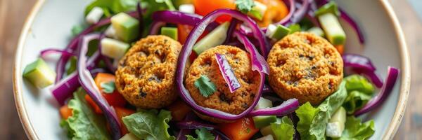 Healthy salad featuring vibrant vegetables and flavorful chickpea patties in a cozy dining setting photo