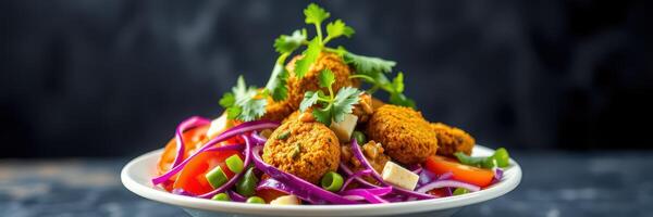 Colorful salad with falafel, fresh vegetables, and herbs served on a plate photo