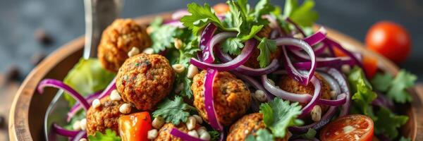 Fresh falafel salad with vibrant vegetables, herbs, and a nutty garnish served in a wooden bowl photo