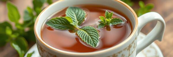 Freshly brewed herbal tea with mint leaves in a white cup on a wooden table surrounded by greenery photo