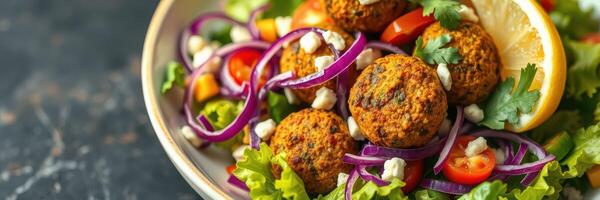 Delicious falafel salad with fresh vegetables and lemon served in a bowl photo