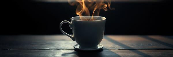 Warm cup of steaming coffee on a wooden table in soft morning light inviting relaxation and comfort photo