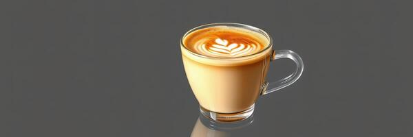 Freshly brewed latte with intricate latte art in a transparent coffee cup on a gray background photo