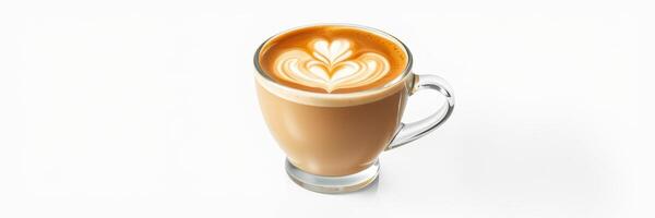 Delicious cappuccino with intricate latte art served in a glass cup on a white background photo