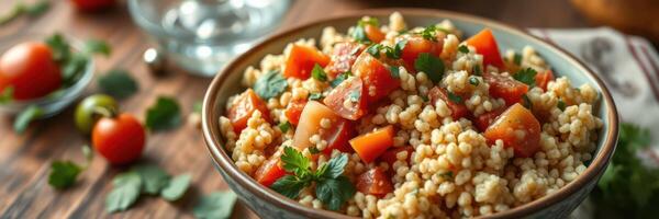 Colorful salad with tomatoes and grains served in a rustic bowl on a wooden table photo