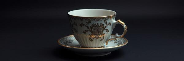 Elegant porcelain teacup and saucer displayed against a dark background with intricate design details photo