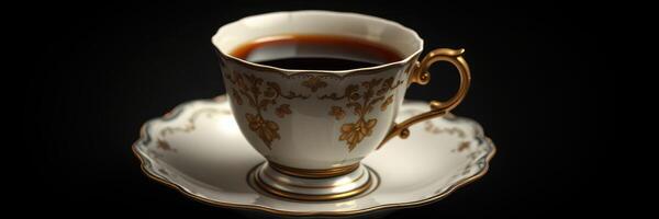Elegant coffee cup with intricate design and dark beverage set against a dark background photo