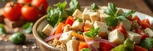 Fresh vegetable and tofu salad served in a wooden bowl with herbs, perfect for a healthy meal option photo