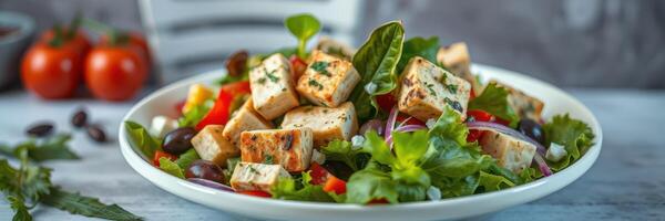 Fresh garden salad with grilled tofu, tomatoes, and assorted greens on a white plate in a casual dining setting photo