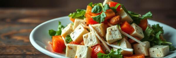 Fresh tofu salad with vibrant vegetables served on a rustic wooden table in a cozy setting photo