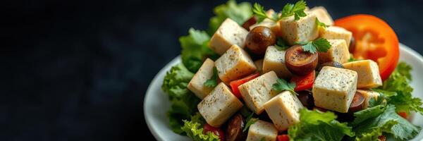 Fresh salad with tofu, cherry tomatoes, and herbs served in a white bowl on a dark surface photo
