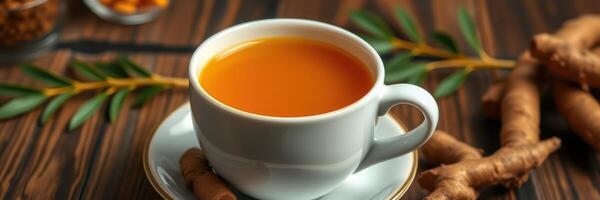 Warm turmeric tea served in a white cup with fresh turmeric roots on a wooden table photo
