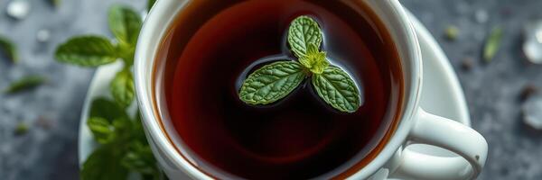 Enjoying a warm cup of herbal tea garnished with fresh mint leaves on a cozy table photo