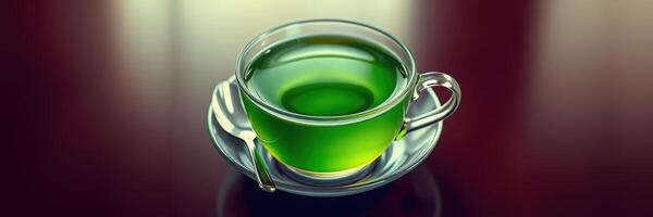 Green tea served in a clear glass cup on a saucer with a silver spoon beside it photo