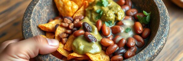 Delicious bowl of tortilla chips with beans and salsas served in a rustic setting at lunchtime photo