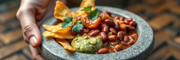 Delicious bean dish served with tortilla chips and guacamole at a vibrant dining table photo