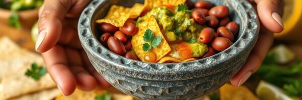 Delicious bowl of nachos with guacamole and beans served on a wooden table with fresh ingredients photo
