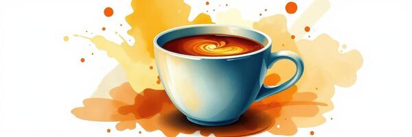 Warm coffee cup with swirling latte art surrounded by colorful splashes of orange and brown photo