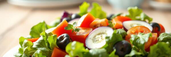 Fresh garden salad with tomatoes, cucumbers, olives, and greens served on a table for a healthy meal photo