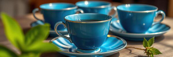 Beautiful blue coffee cups arranged on a wooden table with greenery in a cozy indoor setting photo