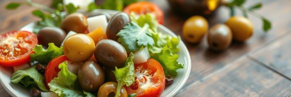Fresh vegetable salad with olives and tomatoes served on a wooden table photo