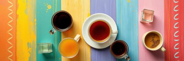 Colorful arrangement of various drinks on a vibrant wooden table during a casual gathering photo