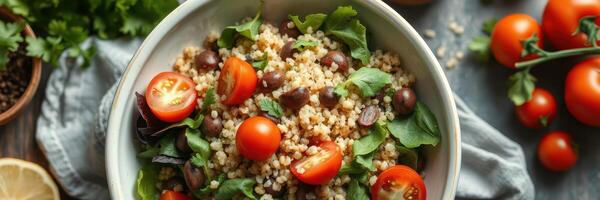 Fresh quinoa salad with cherry tomatoes and greens prepared in a rustic kitchen photo