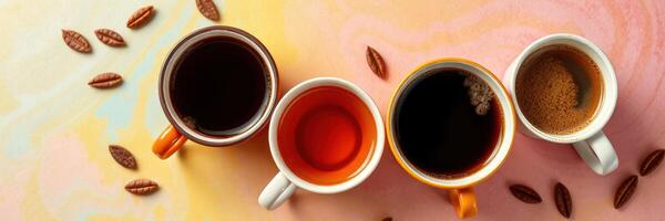 Various coffee types arranged in colorful cups on a vibrant background with coffee beans scattered nearby photo