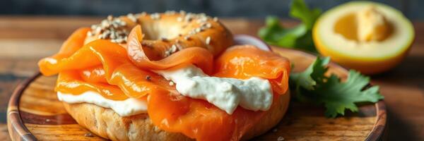 Delicious bagel topped with smoked salmon and cream cheese served with a slice of lemon photo