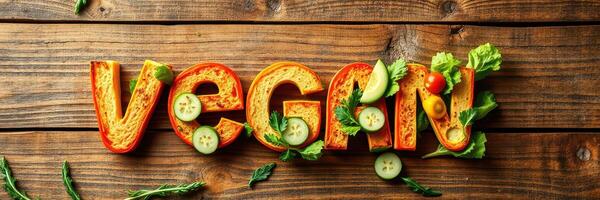 Colorful vegan lettering adorned with fresh vegetables on rustic wooden table photo